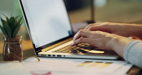 Woman hands, laptop and typing with keyboard and screen and digital research in a office. Writing, working and female worker with email and web search for creative work and article for company blog - Powered by Adobe