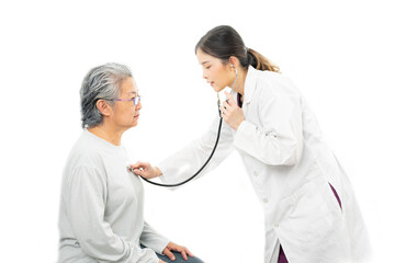 Female Doctor using stethoscope to check up a Asian senior woman and talking about treatment,...