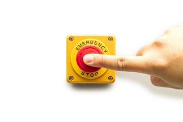 Stop Button and the Hand of Worker About to Press it. emergency stop button. Big Red emergency...