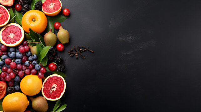 Tropical fruits on the texture wooden table. Flat lay