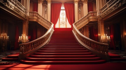 Red glowing carpet and ceremonial VIP staircase, close up. VIP luxury entrance with red carpet. interior of the palace - obrazy, fototapety, plakaty