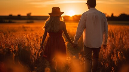 Couple holding hands in a field at sunset. concept of passion and love