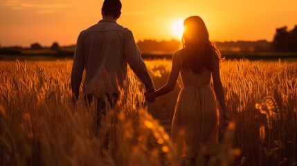 Couple holding hands in a field at sunset. concept of passion and love