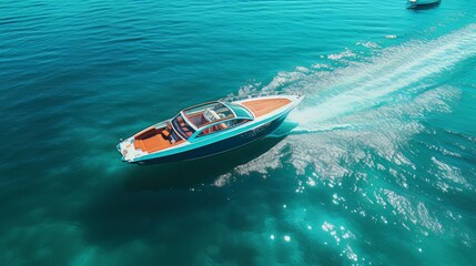 Fototapeta premium Aerial view of a luxury motor boat. Speed boat on the azure sea in turquoise blue water