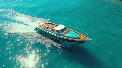 Fototapeta premium Aerial view of a luxury motor boat. Speed boat on the azure sea in turquoise blue water
