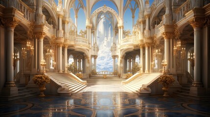 A realistic fantasy interior of the royal palace. golden palace. castle interior