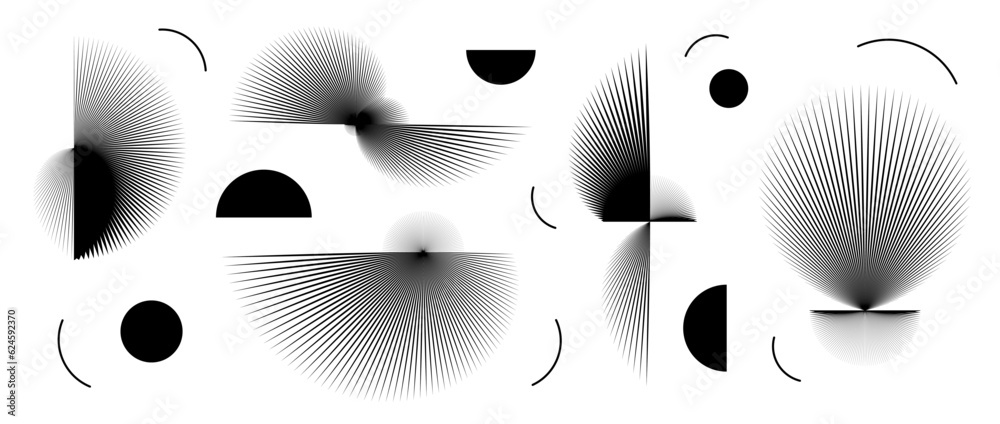 Poster Abstract black curved spiky elements set. Radial spiral spokes objects collection. Thin thorn semicircle and circle shapes. Angular sunburst bundle for poster, collage, banner. Vector futuristic pack