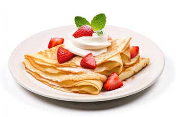 Freshly baked crepe with strawberries and whipped cream isolated on white background  - obrazy, fototapety, plakaty
