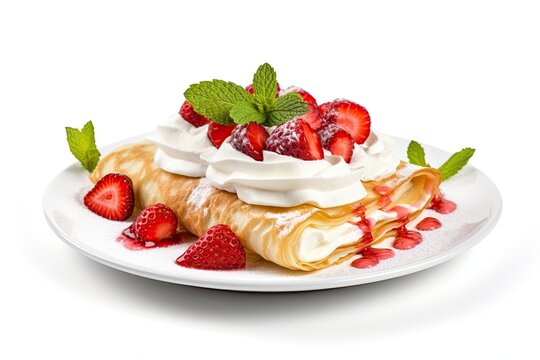 Freshly baked crepe with strawberries and whipped cream isolated on white background 