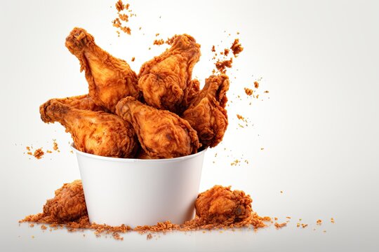 Fried chicken flying out of paper bucket isolated on white background