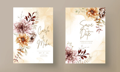 Watercolor autumn flower and leaves wedding invitation template