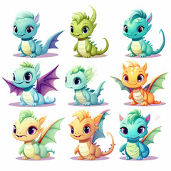 Cute cartoon dragons collection set, colorful dragon clipart