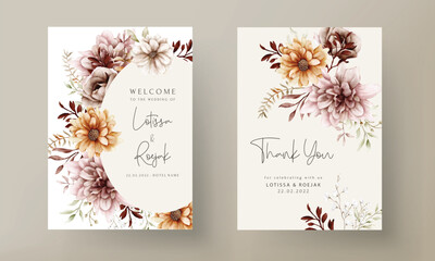 Watercolor autumn flower and leaves wedding invitation template