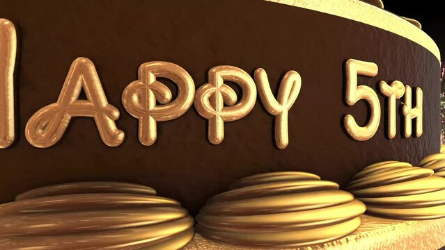 5th birthday cake animation 3d render in chocolate gold with confetti and balloon background. 4k
