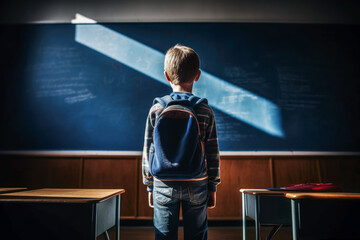 Young boy alone staring at a giant chalkboard in school, Generative AI - obrazy, fototapety, plakaty