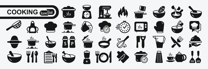 Cooking and kitchen icon collection .Cooking book, frying time, hot pan. vector silhouette