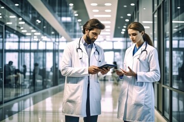Male And Female Doctors Having Informal Meeting In Modern Hospital Looking At Digital Tablet. Generative AI