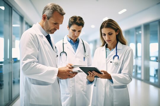 Male And Female Doctors Having Informal Meeting In Modern Hospital Looking At Digital Tablet. Generative AI