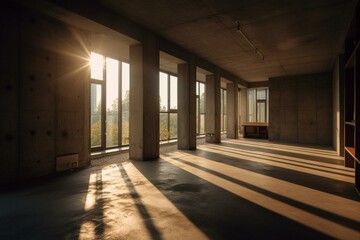 A sunlit, barren indoor space with concrete walls, zero furniture, and shadows. Generative AI