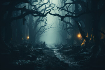 Fototapeta na wymiar Mystical Shadows: Immersive Journey into the Dark Forest of Horror Film. Generative AI