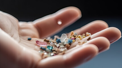 Small Plastic pellets on the finger. Micro plastic. Water pollution
