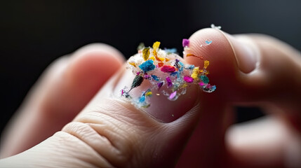 Small Plastic pellets on the finger. Micro plastic. Water pollution