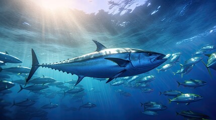 Fototapeta na wymiar Tuna fish in the ocean. School of tuna fish in the ocean. Tuna. Generative Ai.