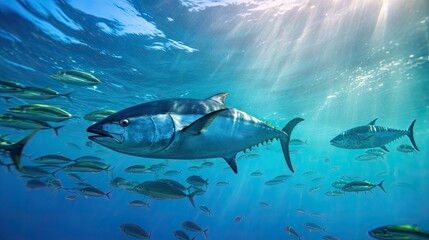 Fototapeta premium Tuna fish in the ocean. School of tuna fish in the ocean. Tuna. Generative Ai.