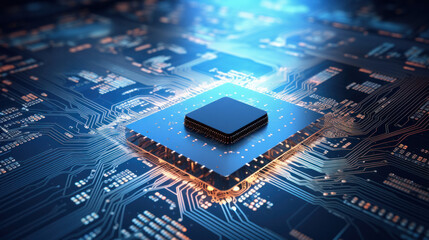 Advanced Technology Concept Visualization: Circuit Board CPU Processor Microchip Starting Artificial Intelligence Digitalization of Neural Networking and Cloud Computing. Digital Lines Move Data