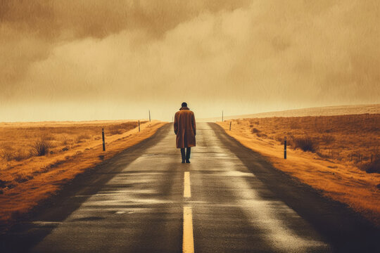 Lonely man walking down a long road. Generative AI