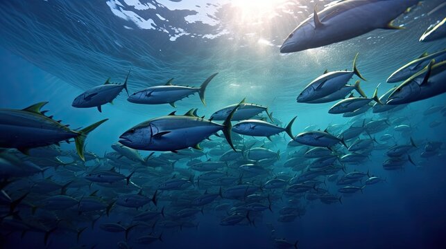 Tuna fish in the ocean. School of tuna fish in the ocean. Tuna. Generative Ai.