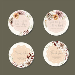 Watercolor autumn flower and leaves label collection