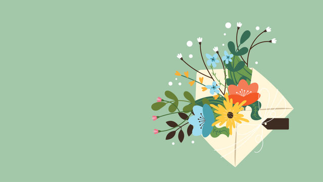 Floral envelope backdrop. Invitation full of flowers with a blank tag on a sage background vector illustration.