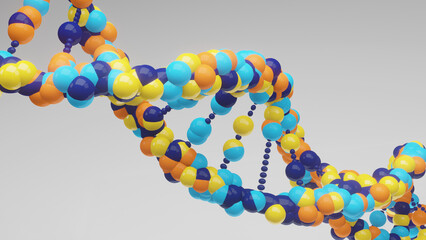 Fun and colorful celebratory image of a multi-colored dna helix against a bright white background. Dark Blue. Light Blue. Yellow. Orange.