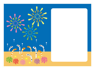 カラフルな打ち上げ花火と可愛いチンアナゴとニシキアナゴのイラスト 夏のグリーティングカードのテンプレートデザイン ベクター
Clip art of colorful fireworks and cute Spotted garden eel and western garden eels. Summer greeting card template design vector.