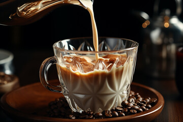 Fresh Milk is Poured Into Clear Cup with Coffee Beans on a Wooden Saucer