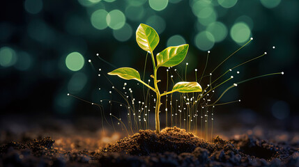 Growing young maize seedling in cultivated agricultural farm field with modern technology concepts.