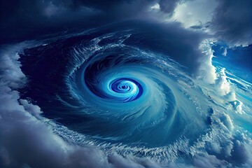 tropical cyclone swirling over calm, blue ocean, created with generative ai