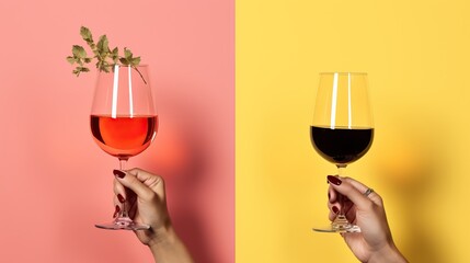 Collage of female hands holding bottle and glasses of wine on color background . generative ai. 