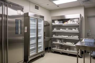 refrigerator and freezer in medical facility, with equipment and supplies for surgeries on display, created with generative ai