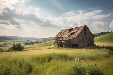 Fototapeta premium rustic barn surrounded by fields and rolling hills of the countryside, created with generative ai