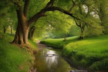 serene landscape with tree-lined path and babbling brook, created with generative ai