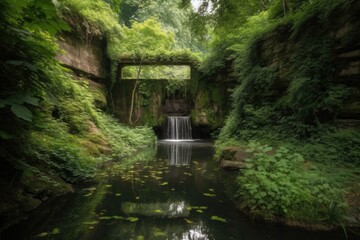 serene landscape with waterfall, surrounded by greenery, created with generative ai