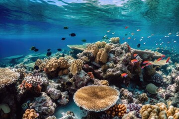 Fototapeta na wymiar tropical fish swimming in schools among colorful coral reef, created with generative ai