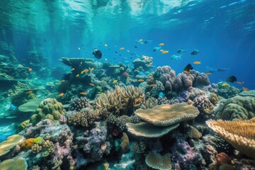 Naklejka na ściany i meble tropical fish swimming in schools among colorful coral reef, created with generative ai