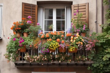 Fototapeta na wymiar a vibrant window garden overflowing with blooms, complemented by a wooden balcony railing, created with generative ai