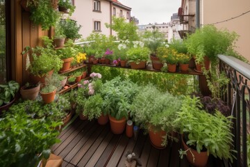 Fototapeta na wymiar balcony filled with various types of herbs, creating a bountiful and fragrant garden, created with generative ai