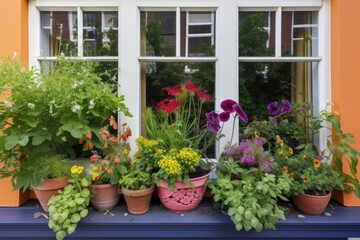 bright and colorful window garden with mix of foliage, blooms, and herbs, created with generative ai