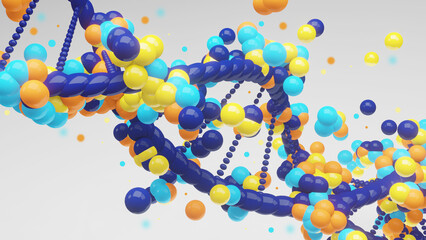 Fun and experimental celebratory image of a multicolored dna helix against a bright white background filled with color and movement