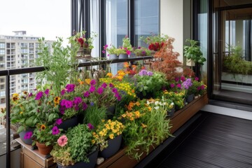 Fototapeta na wymiar window garden overflowing with colorful blooms on a contemporary balcony, created with generative ai